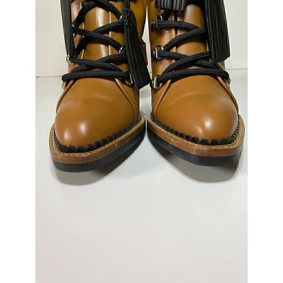 Tods Lace Up Tasseled Leather Ankle Boots 36.5 Brown Black Leather Laces 4" heel - Picture 14 of 16